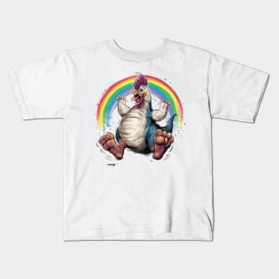 Happy Bizarre Chicken-Dinosaur Enjoying Under The Rainbow Kids T-Shirt